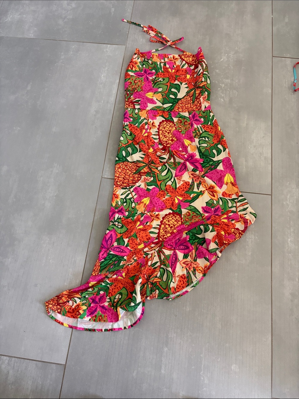 SHEIN Pink Green Orange Tropical Asymmetrical Dress